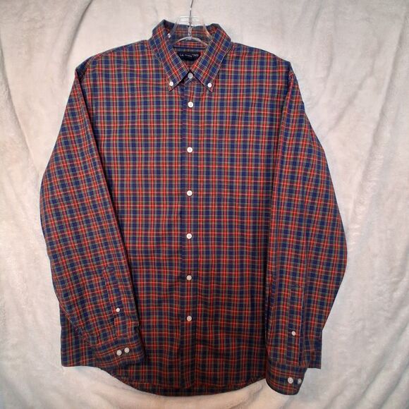 Lands Ends Button Down Shirt Plaid Twill Sz Large 16 - 16 1/2 Blue Red - Picture 1 of 5